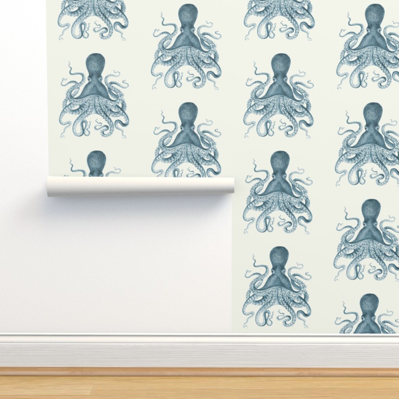 Octopus Sea Illustration Vintage Squid Nautical Coastal Ocean Beach Custom Pre-pasted Wallpaper by Spoonflower Pre-Pasted Wallpaper 2FT Wide